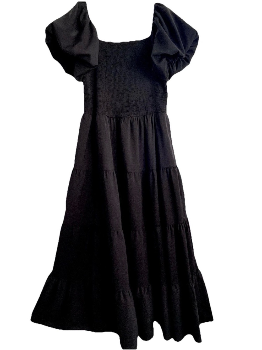 Pretty Garden Black Square Neck Smocked Puff Sleeve Tiered Midi Maxi Dress XL - Picture 6 of 6